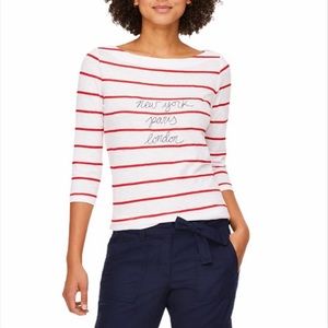 LOFT Top Red & White Striped Embroidered Boatneck Tee New York Paris Size Large